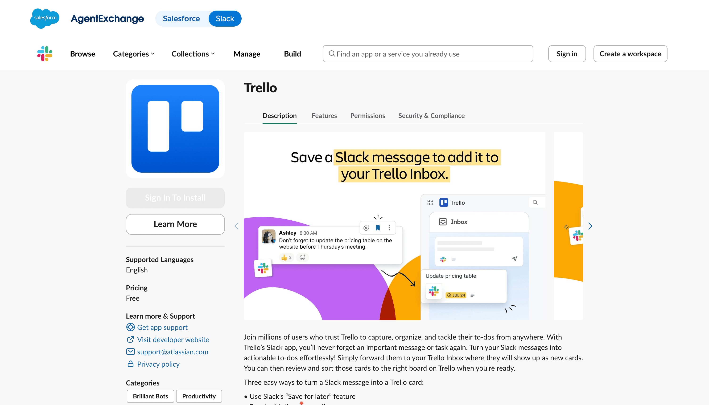 Trello app listing in the Slack marketplace